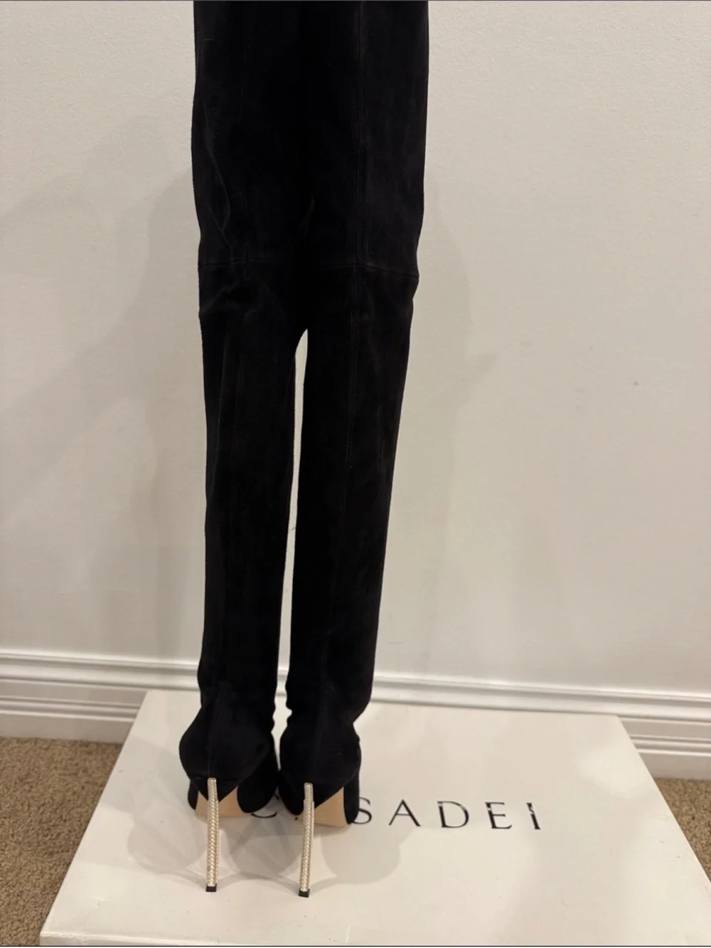 Casadei Black Suede Over The Knee Pearl Heel Boots 37 / US 7 Statement Luxury